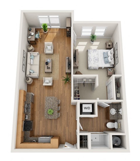 Floor plan for 1 bed, 1 bath, 750 sqft